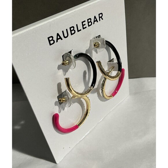 NEW Baublebar Pink & Black Enamel Hoops Gold Rhinestones 2 Pair - Picture 3 of 4